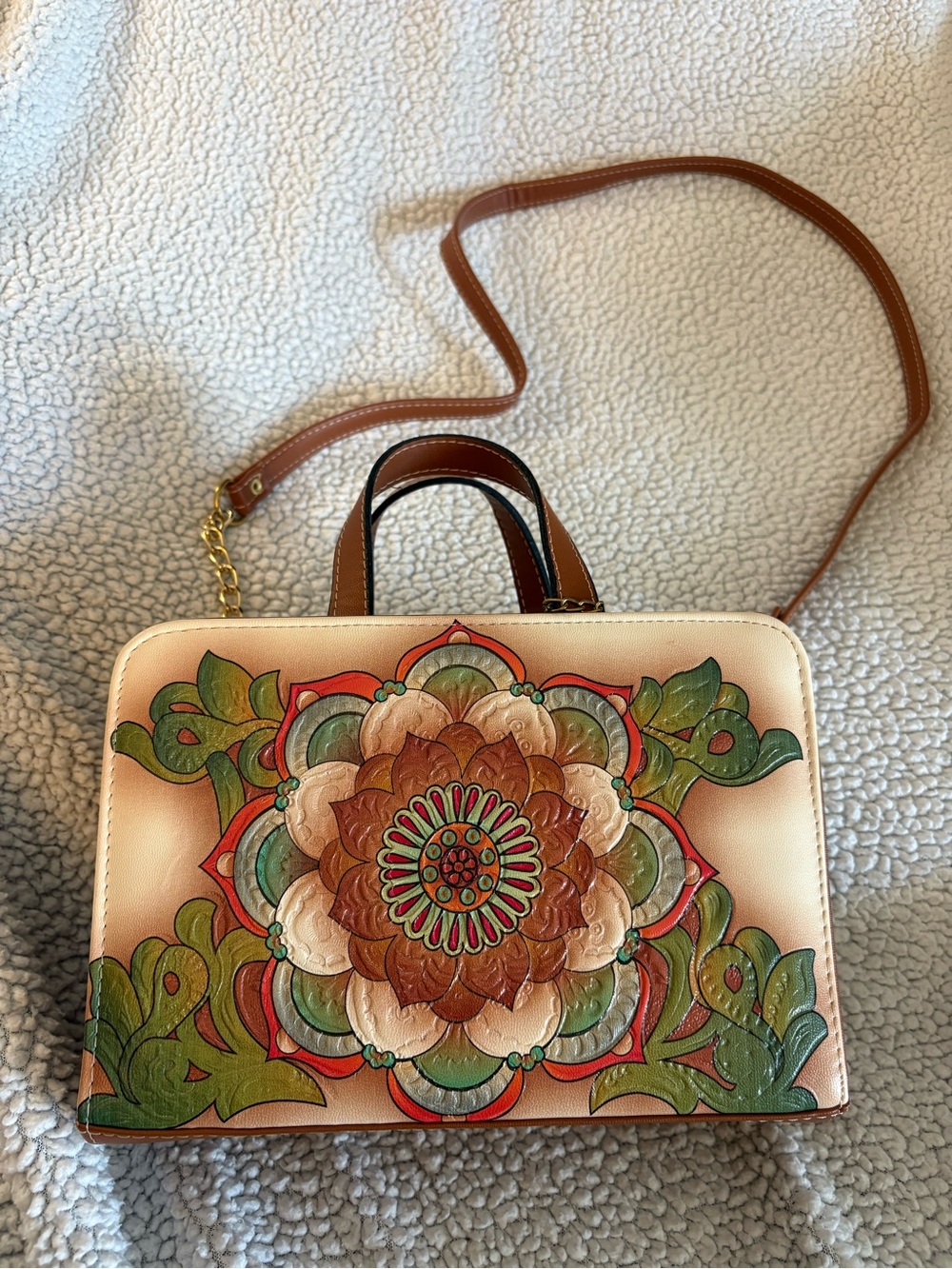 Artisan Floral Embossed Leather Crossbody Bag in Cream and Brown